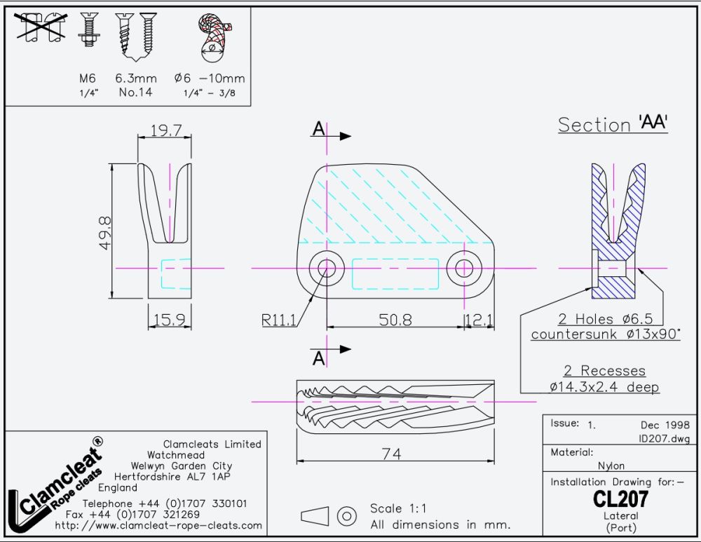 Clamcleat Liggande Cleat Nylon, Babord